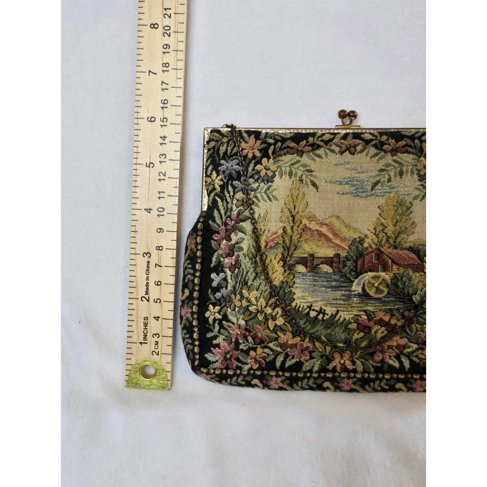 Vintage Made in France Tapestry Floral Landscape Kiss Lock Evening Bag Clutch